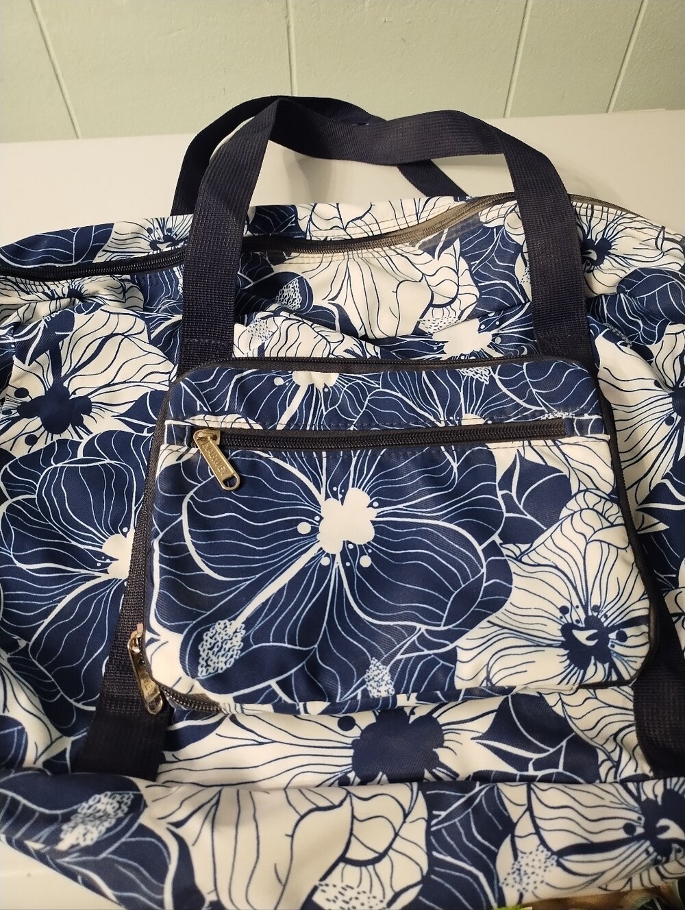 Foldable Travel Navy Floral Duffle/Tote Bag - Women